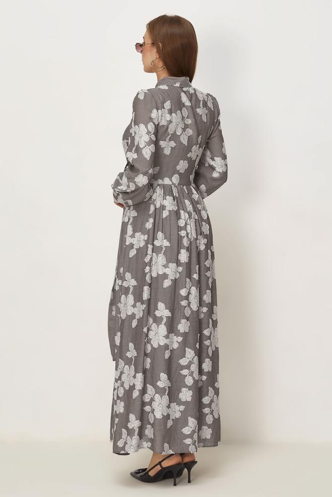 Hijab clothing MINK BELTED PATTERNED DRESS 46591 - ALVİNA