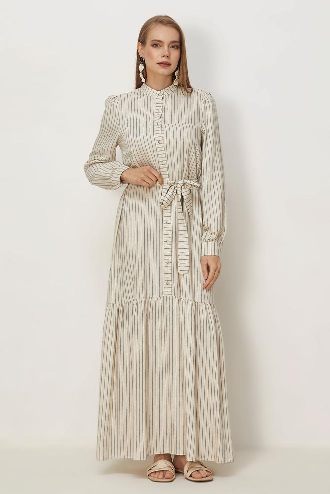 Hijab clothing BLACK BELTED STRIPED LINEN DRESS 46593 - ALVİNA