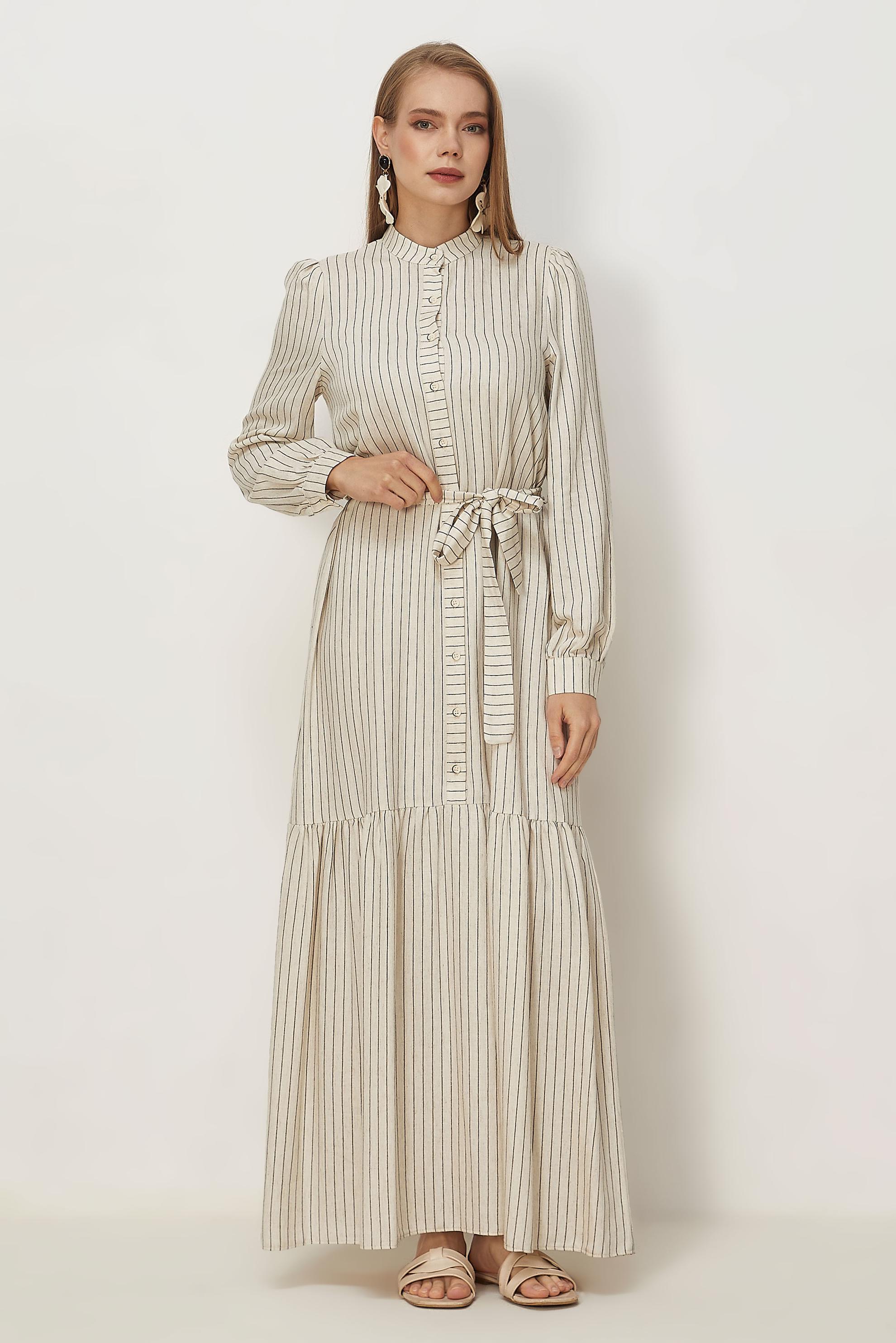 Hijab clothing BLACK BELTED STRIPED LINEN DRESS 46593