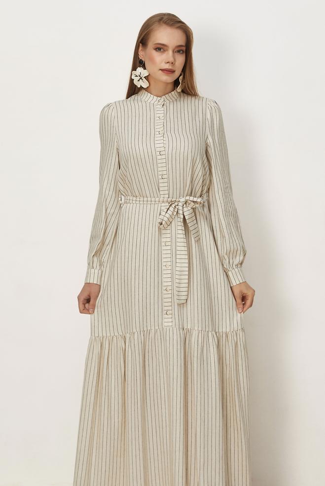 Hijab clothing BLACK BELTED STRIPED LINEN DRESS 46593 - ALVİNA