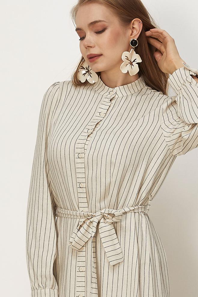 Hijab clothing BLACK BELTED STRIPED LINEN DRESS 46593 - ALVİNA