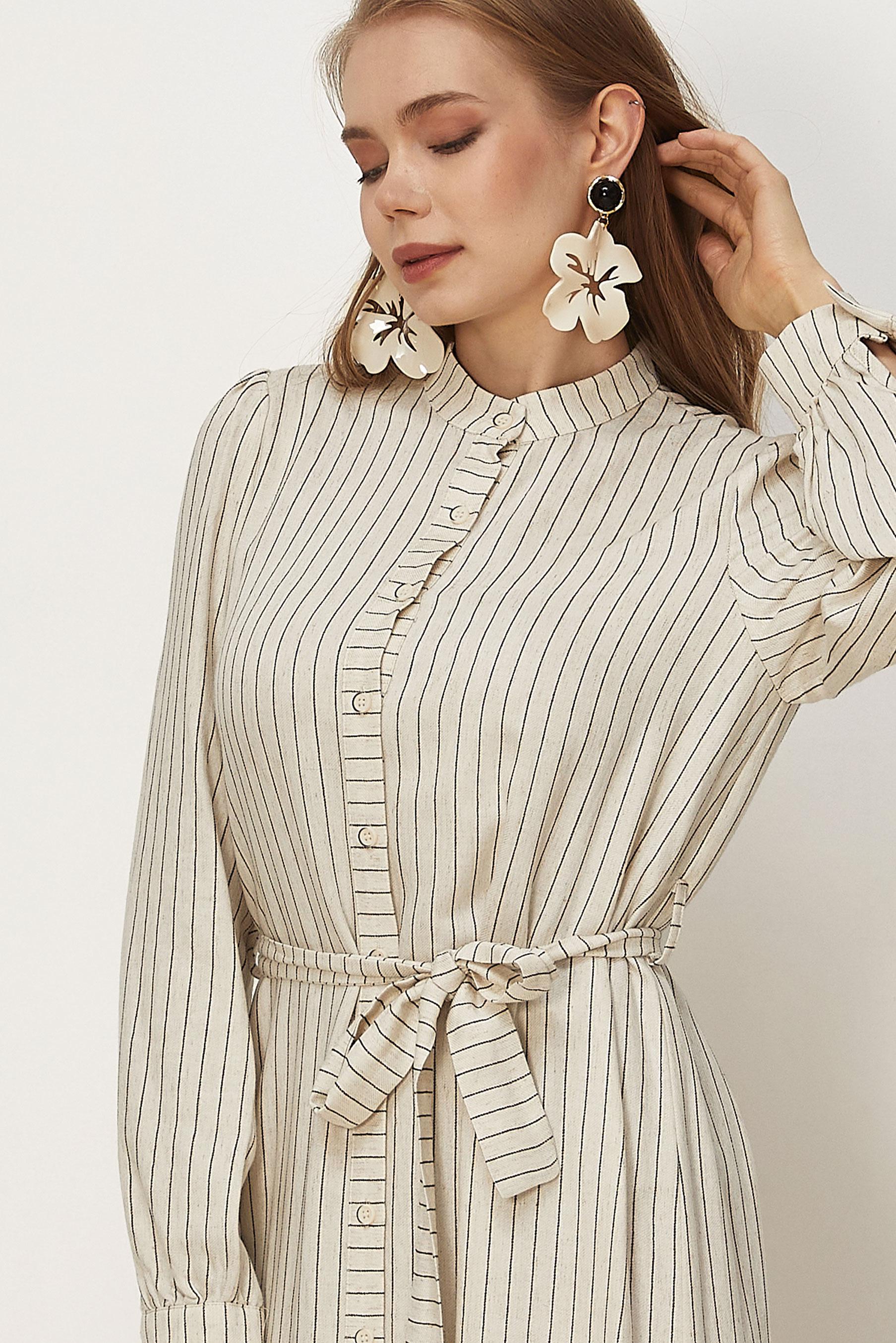 Hijab clothing BLACK BELTED STRIPED LINEN DRESS 46593