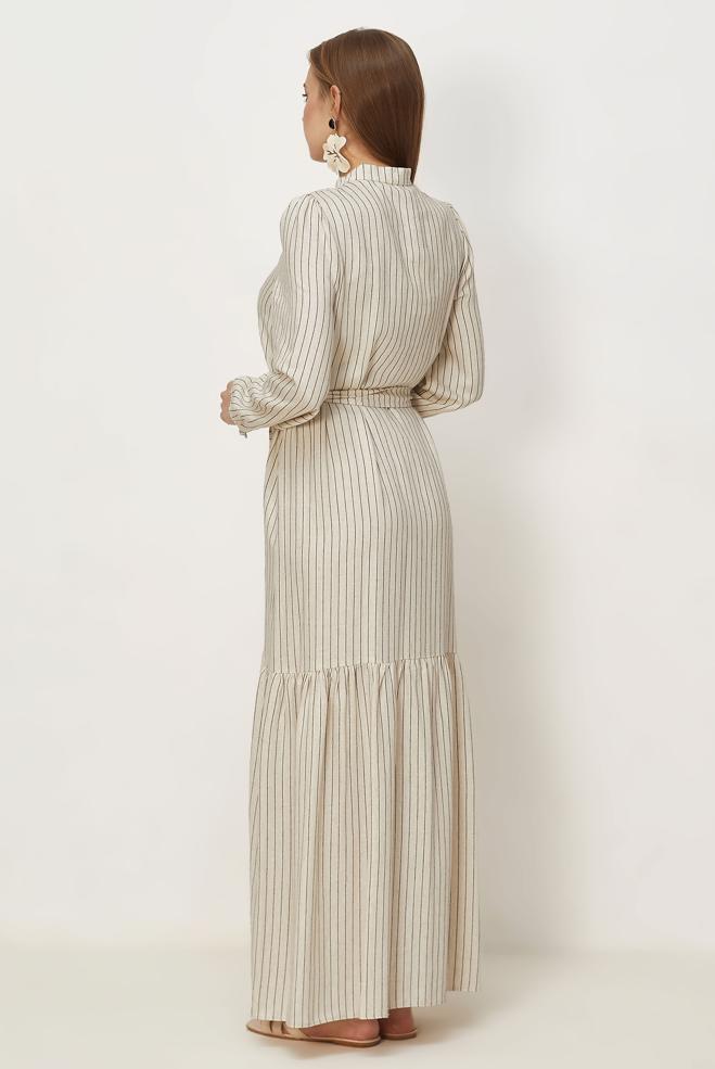 Hijab clothing BLACK BELTED STRIPED LINEN DRESS 46593 - ALVİNA
