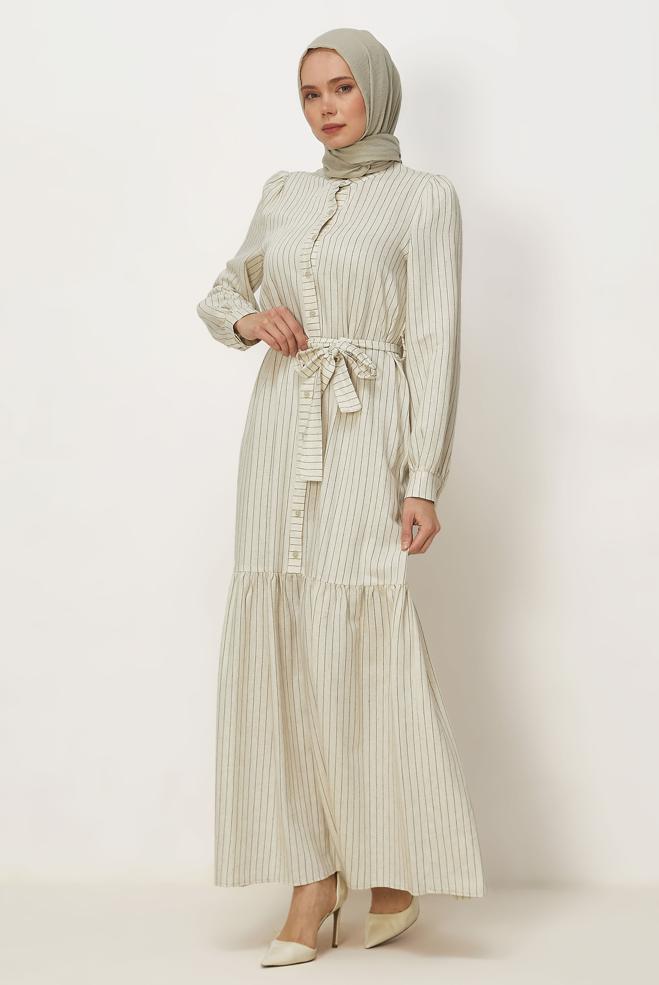 Hijab clothing KHAKI BELTED STRIPED LINEN DRESS 46593 - ALVİNA