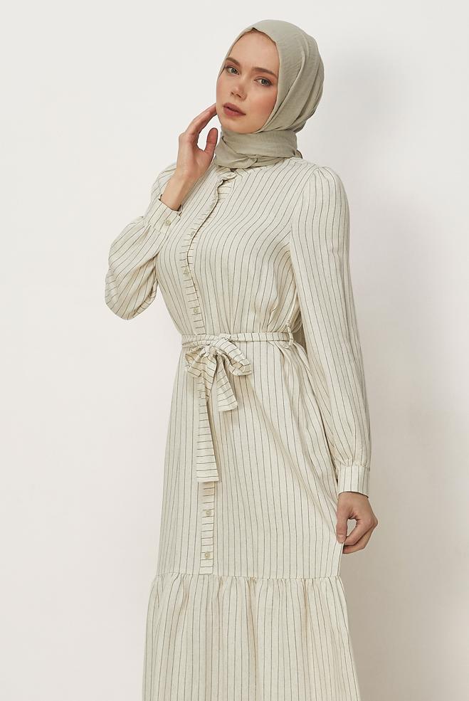 Hijab clothing KHAKI BELTED STRIPED LINEN DRESS 46593 - ALVİNA