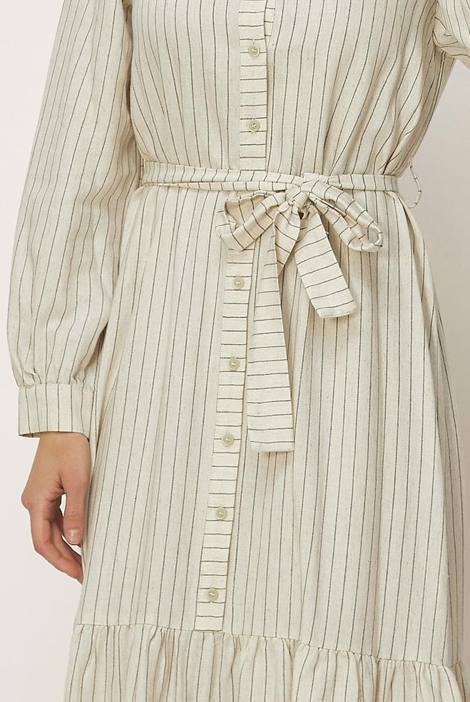 Hijab clothing KHAKI BELTED STRIPED LINEN DRESS 46593 - ALVİNA