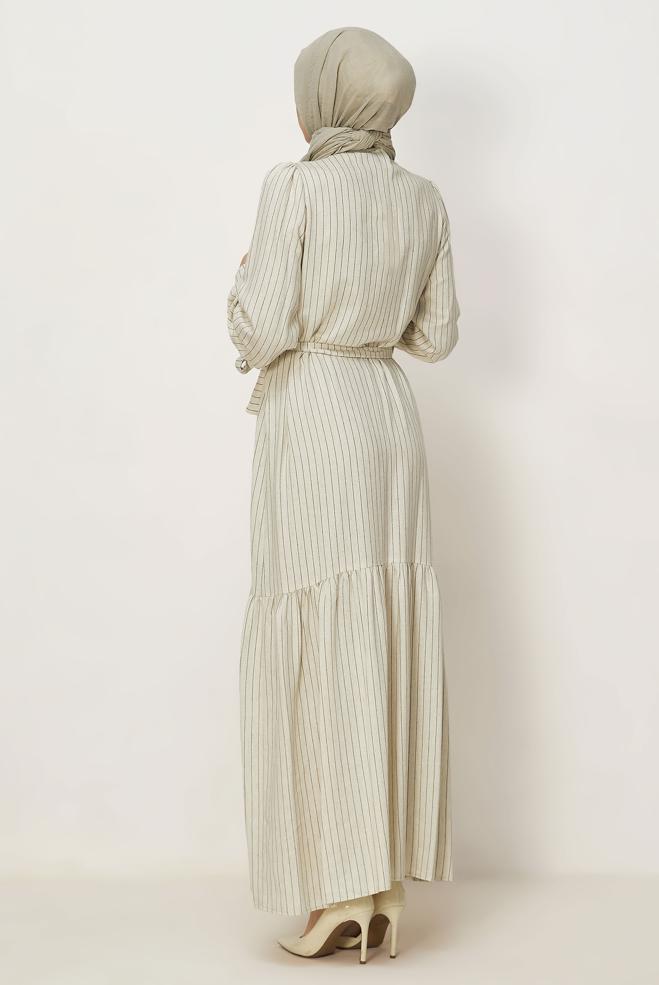 Hijab clothing KHAKI BELTED STRIPED LINEN DRESS 46593 - ALVİNA