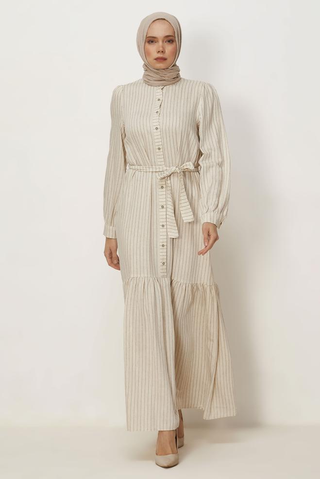 Hijab clothing BROWN BELTED STRIPED LINEN DRESS 46593 - ALVİNA