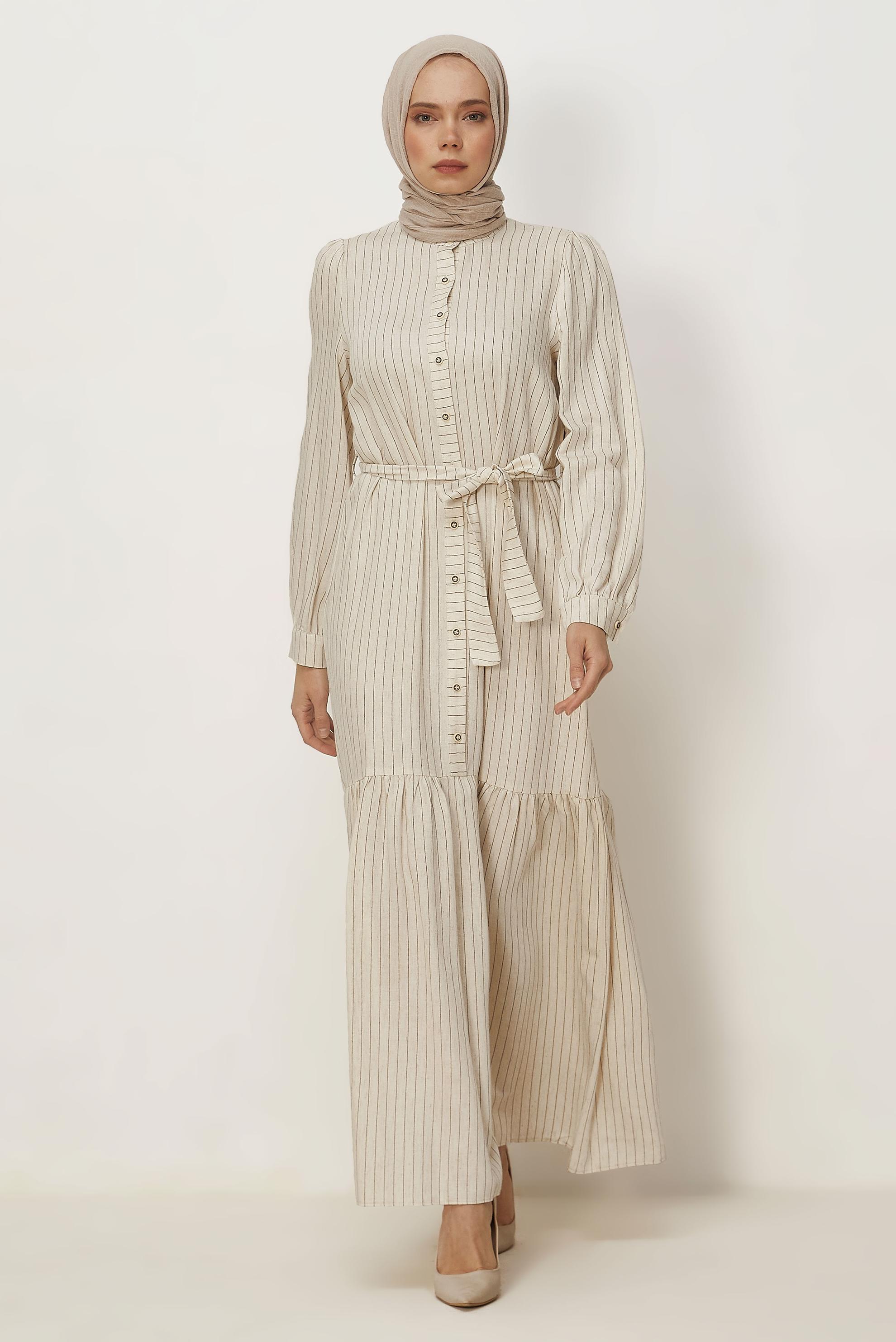 Hijab clothing BROWN BELTED STRIPED LINEN DRESS 46593