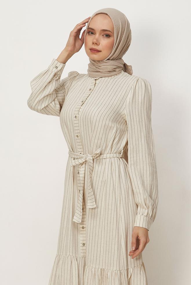 Hijab clothing BROWN BELTED STRIPED LINEN DRESS 46593 - ALVİNA