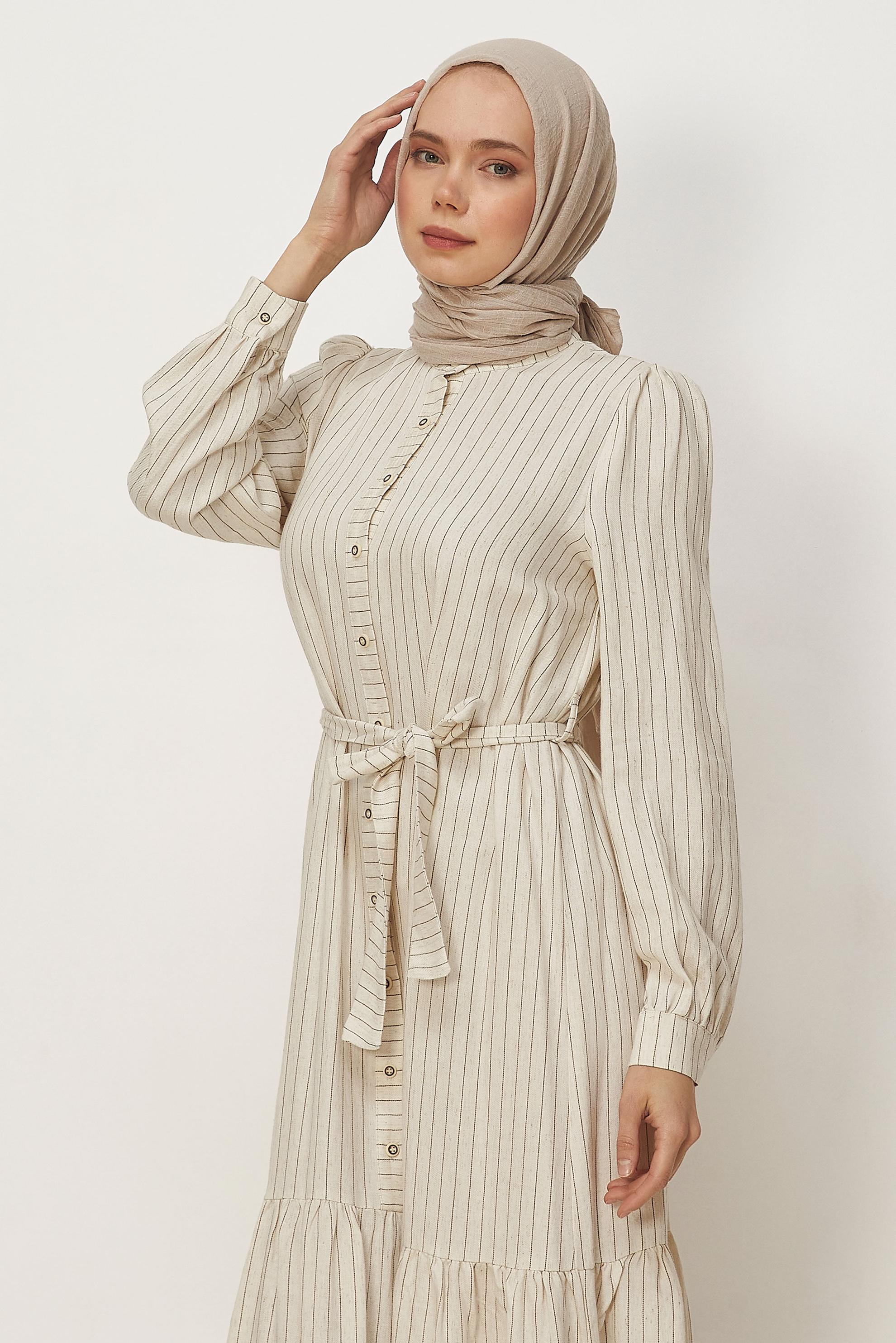 Hijab clothing BROWN BELTED STRIPED LINEN DRESS 46593