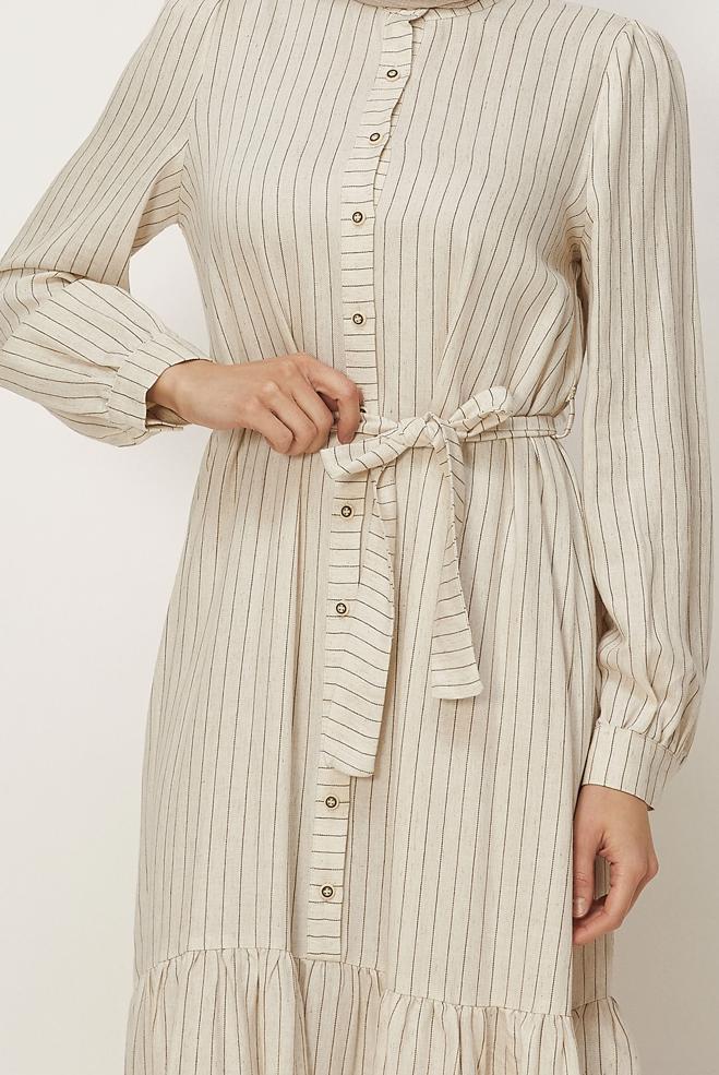 Hijab clothing BROWN BELTED STRIPED LINEN DRESS 46593 - ALVİNA