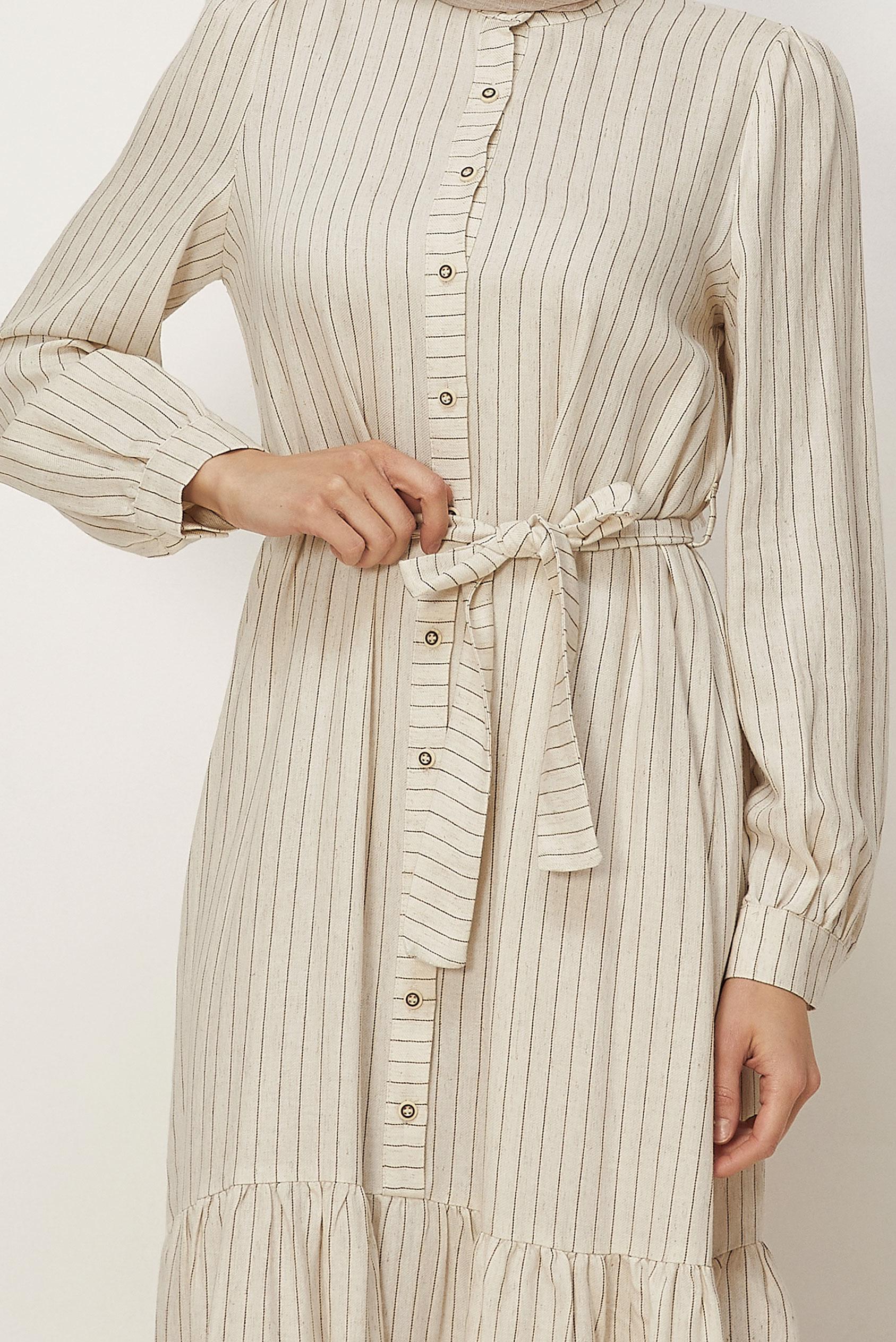 Hijab clothing BROWN BELTED STRIPED LINEN DRESS 46593