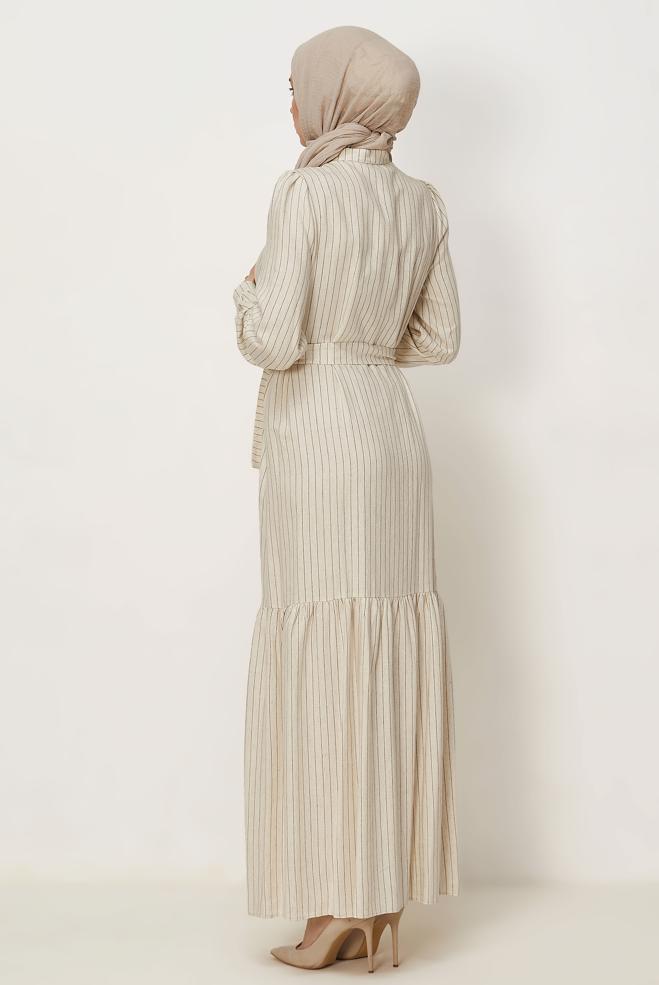 Hijab clothing BROWN BELTED STRIPED LINEN DRESS 46593 - ALVİNA