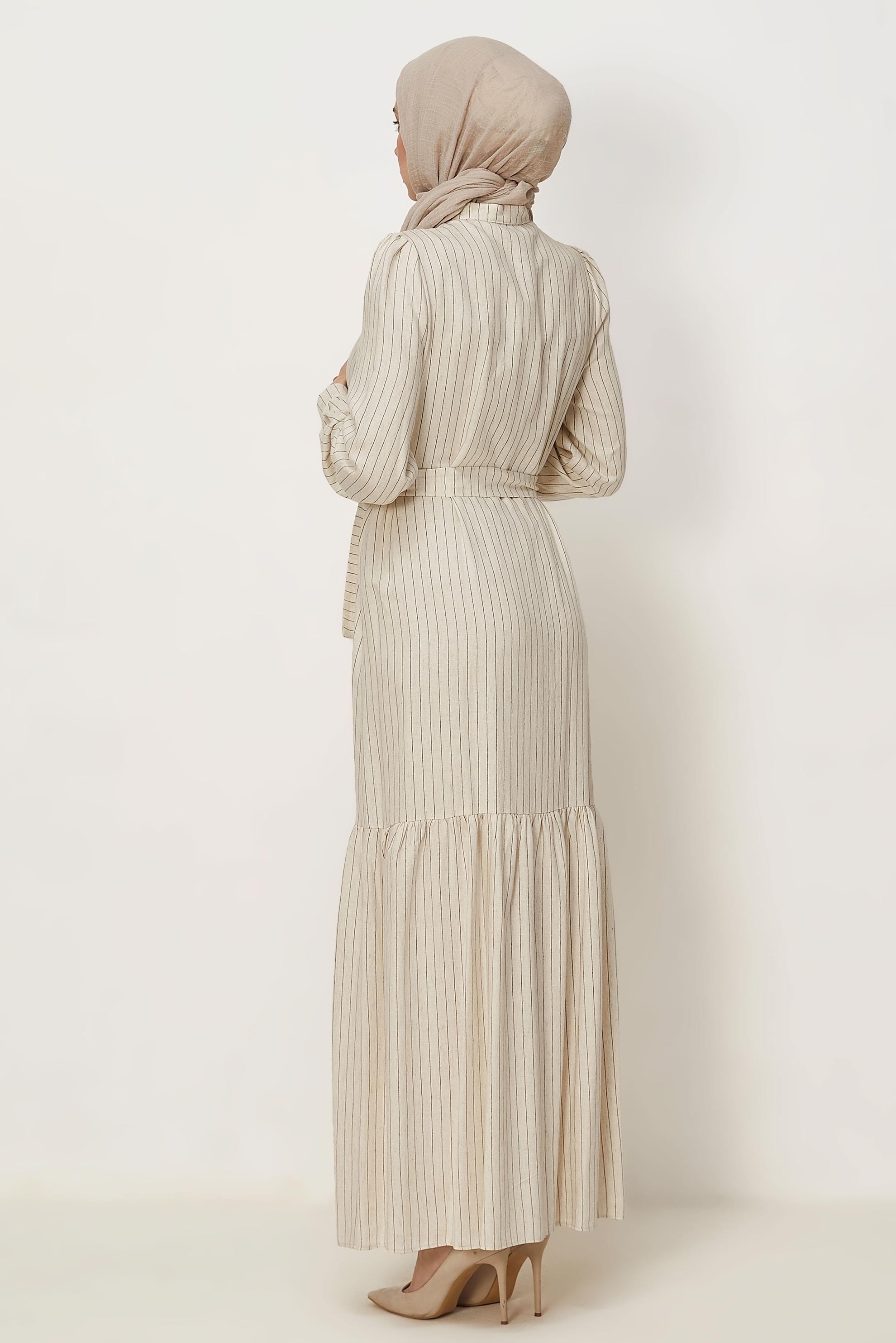 Hijab clothing BROWN BELTED STRIPED LINEN DRESS 46593