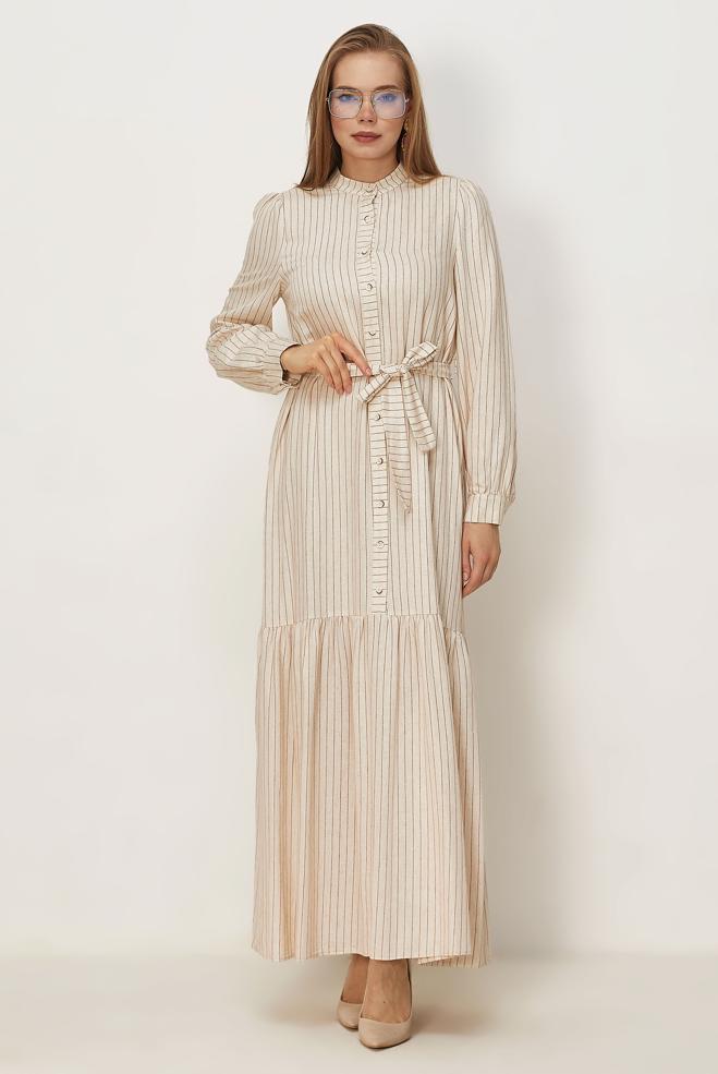 Hijab clothing ORANGE BELTED STRIPED LINEN DRESS 46593 - ALVİNA