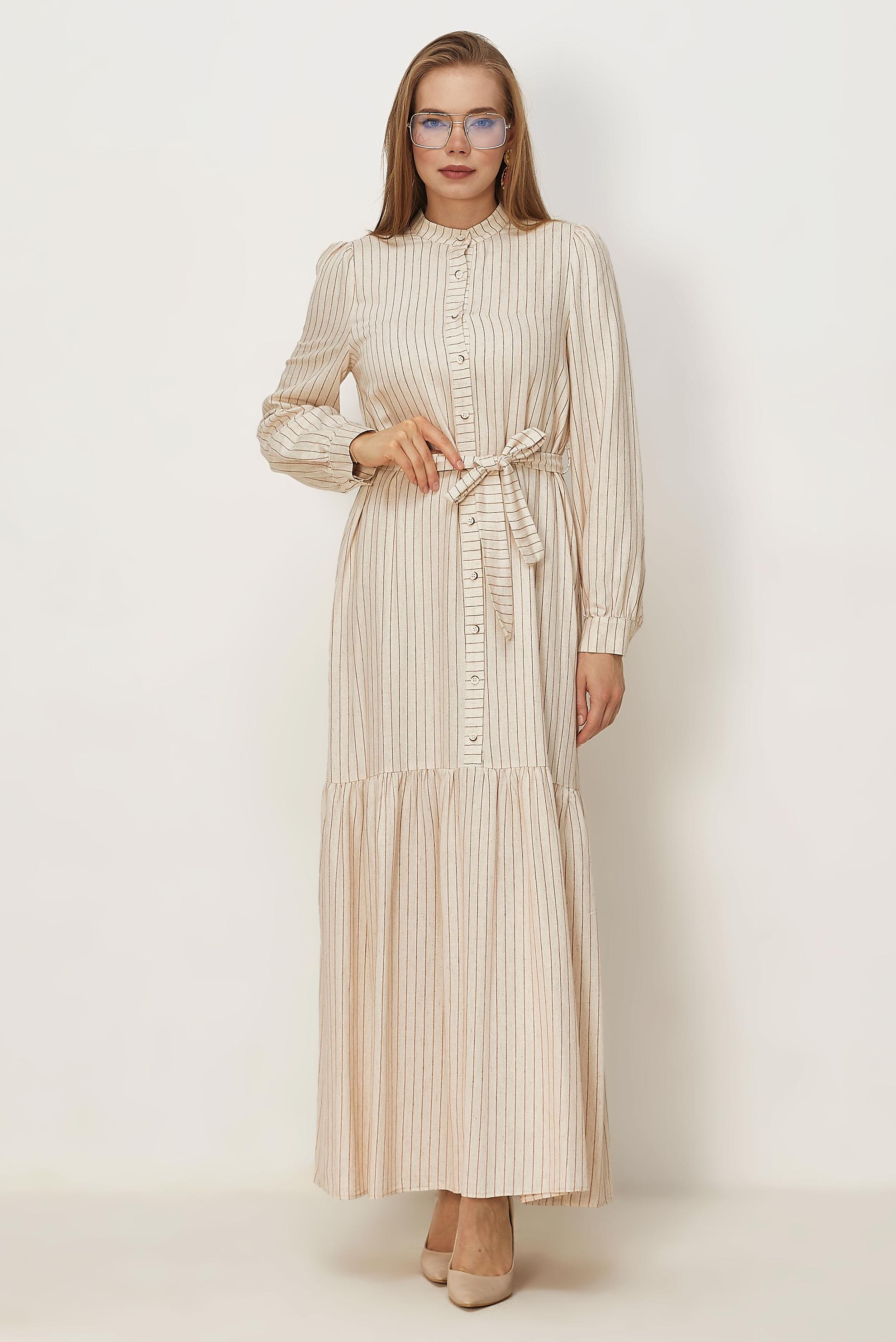 Hijab clothing ORANGE BELTED STRIPED LINEN DRESS 46593