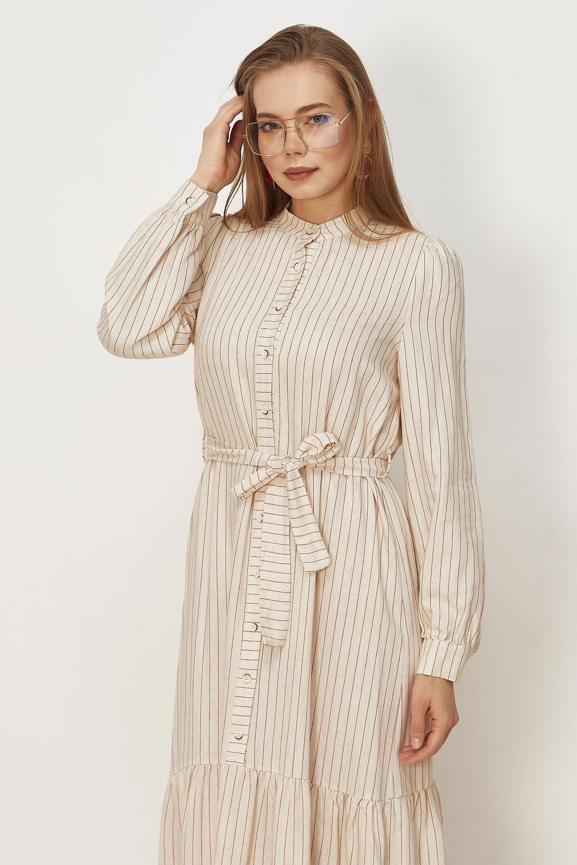 Hijab clothing ORANGE BELTED STRIPED LINEN DRESS 46593