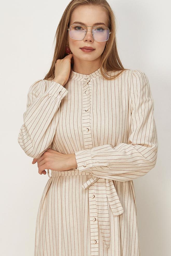 Hijab clothing ORANGE BELTED STRIPED LINEN DRESS 46593 - ALVİNA