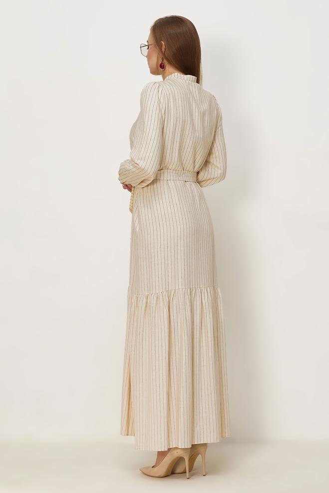 Hijab clothing ORANGE BELTED STRIPED LINEN DRESS 46593 - ALVİNA