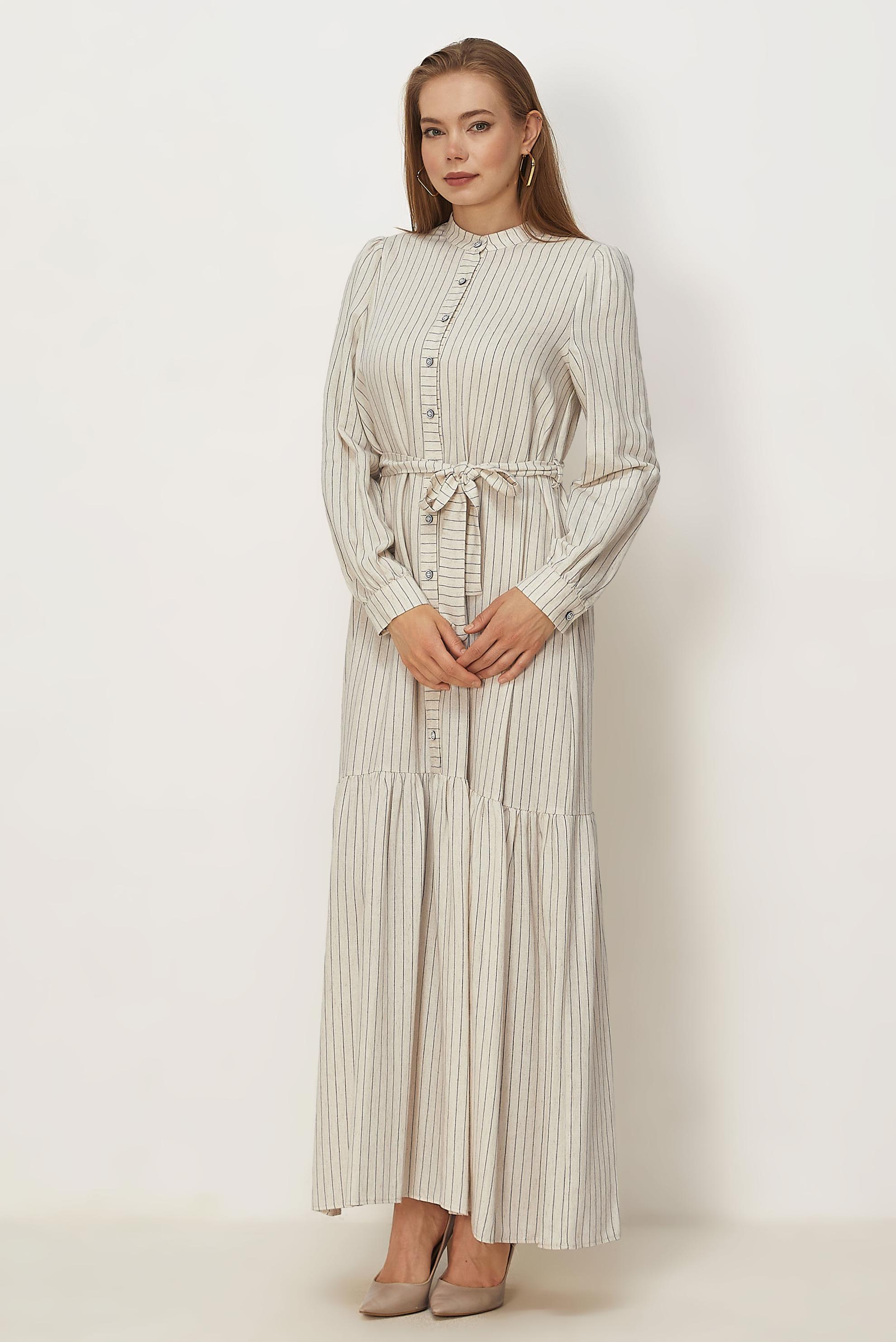 Hijab clothing NAVY BLUE BELTED STRIPED LINEN DRESS 46593