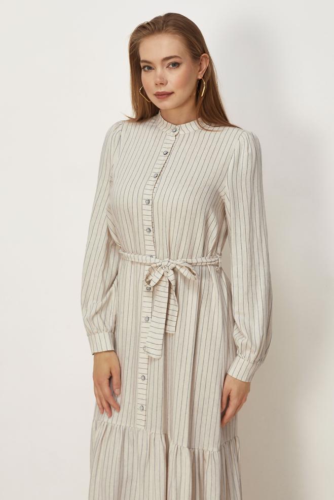 Hijab clothing NAVY BLUE BELTED STRIPED LINEN DRESS 46593 - ALVİNA