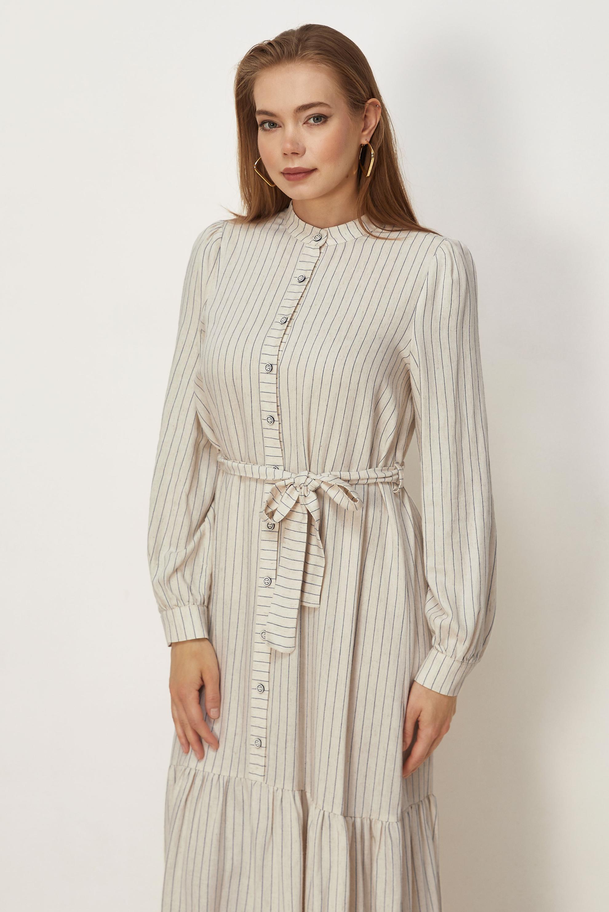 Hijab clothing NAVY BLUE BELTED STRIPED LINEN DRESS 46593
