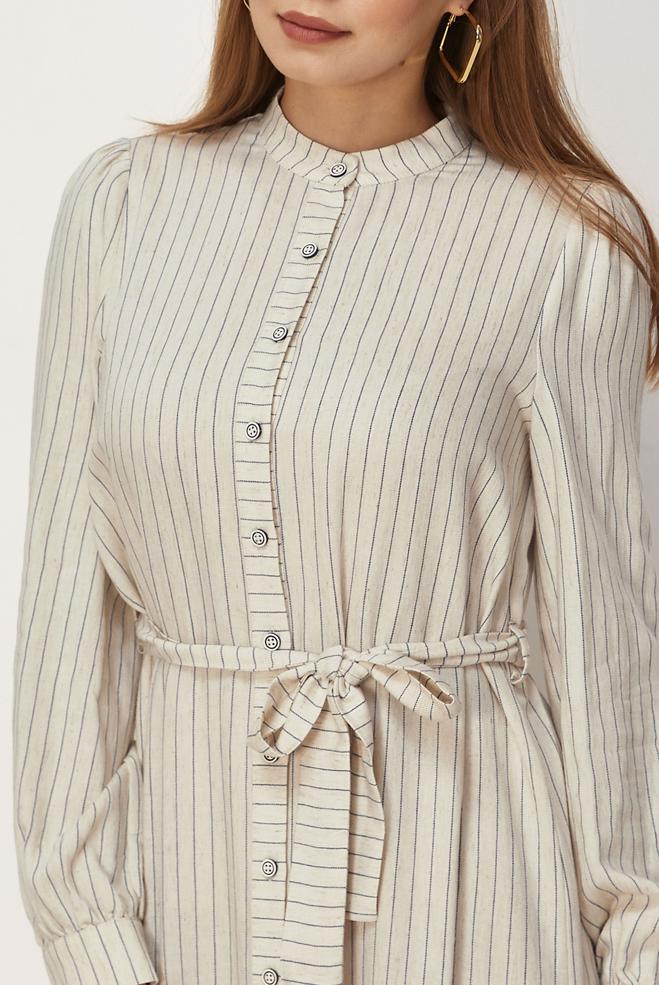 Hijab clothing NAVY BLUE BELTED STRIPED LINEN DRESS 46593 - ALVİNA