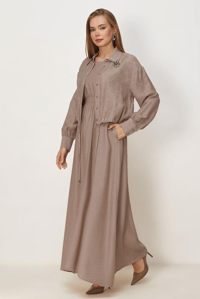 Hijab clothing BEIGE SHIRT COLLAR DRESS SUIT 46595 - ALVİNA