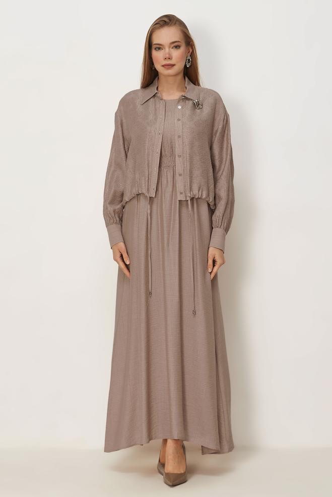 Hijab clothing BEIGE SHIRT COLLAR DRESS SUIT 46595 - ALVİNA