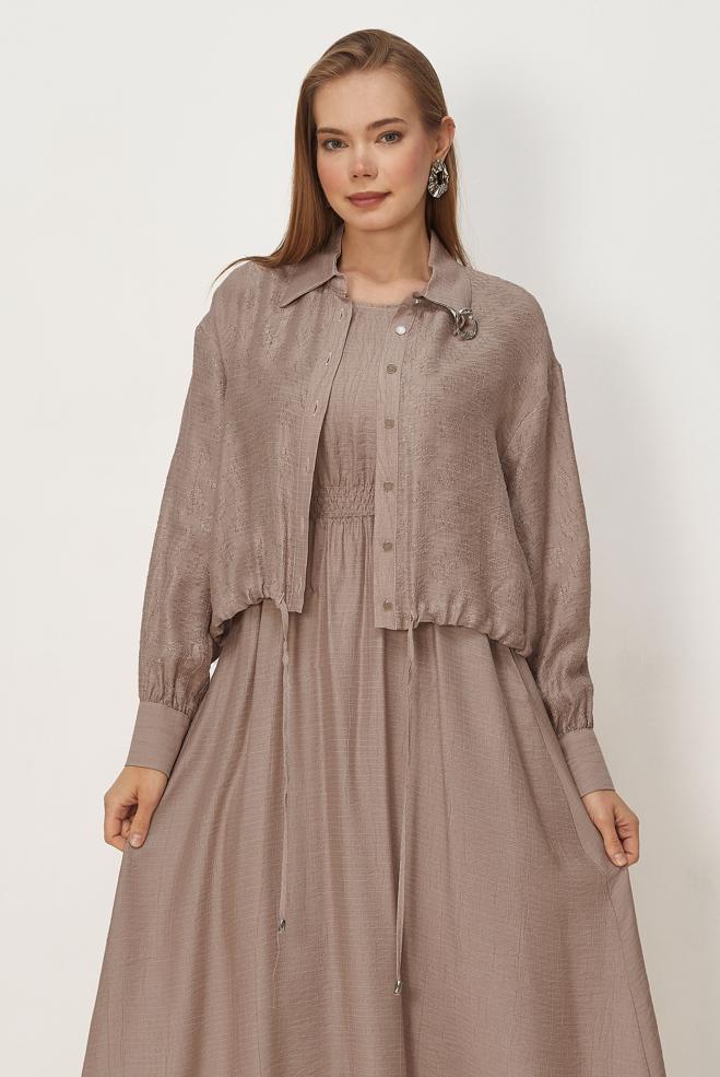 Hijab clothing BEIGE SHIRT COLLAR DRESS SUIT 46595 - ALVİNA