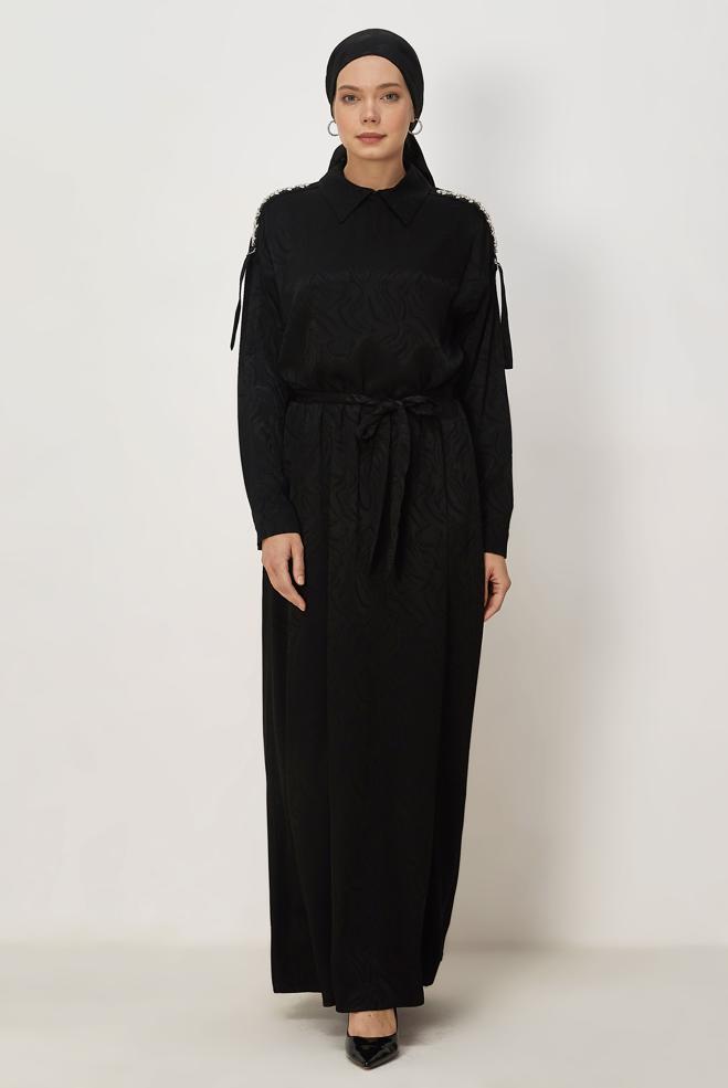 Hijab clothing BLACK BELTED SHIRT COLLAR DRESS 46621 - ALVİNA