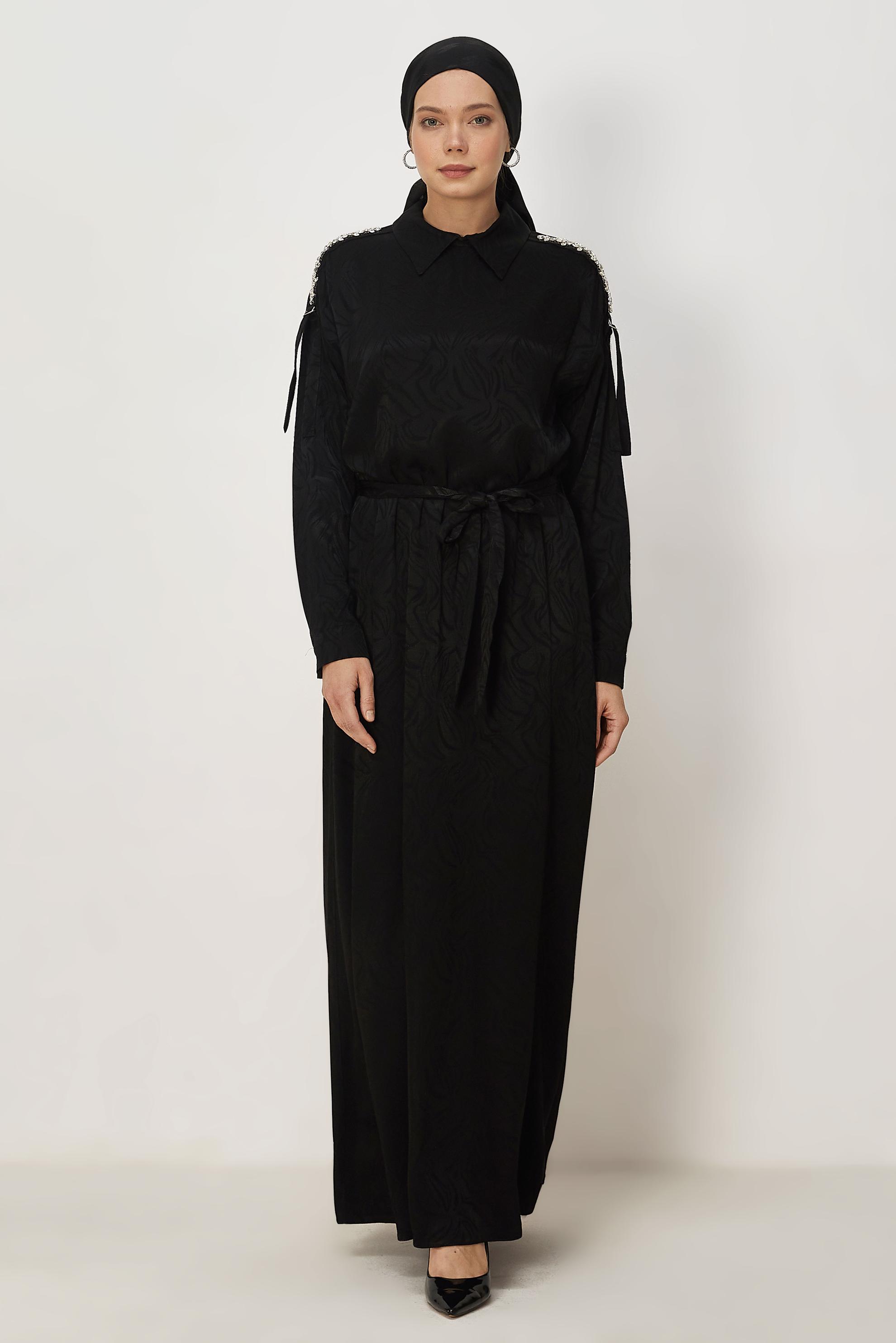 Hijab clothing BLACK BELTED SHIRT COLLAR DRESS 46621