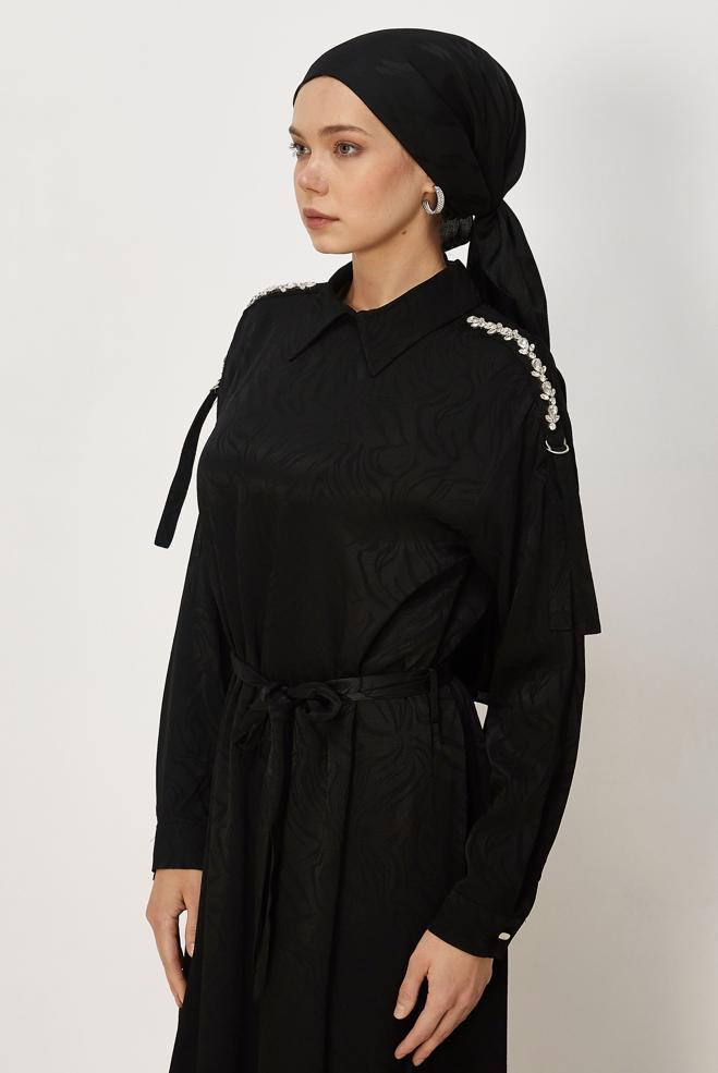 Hijab clothing BLACK BELTED SHIRT COLLAR DRESS 46621 - ALVİNA