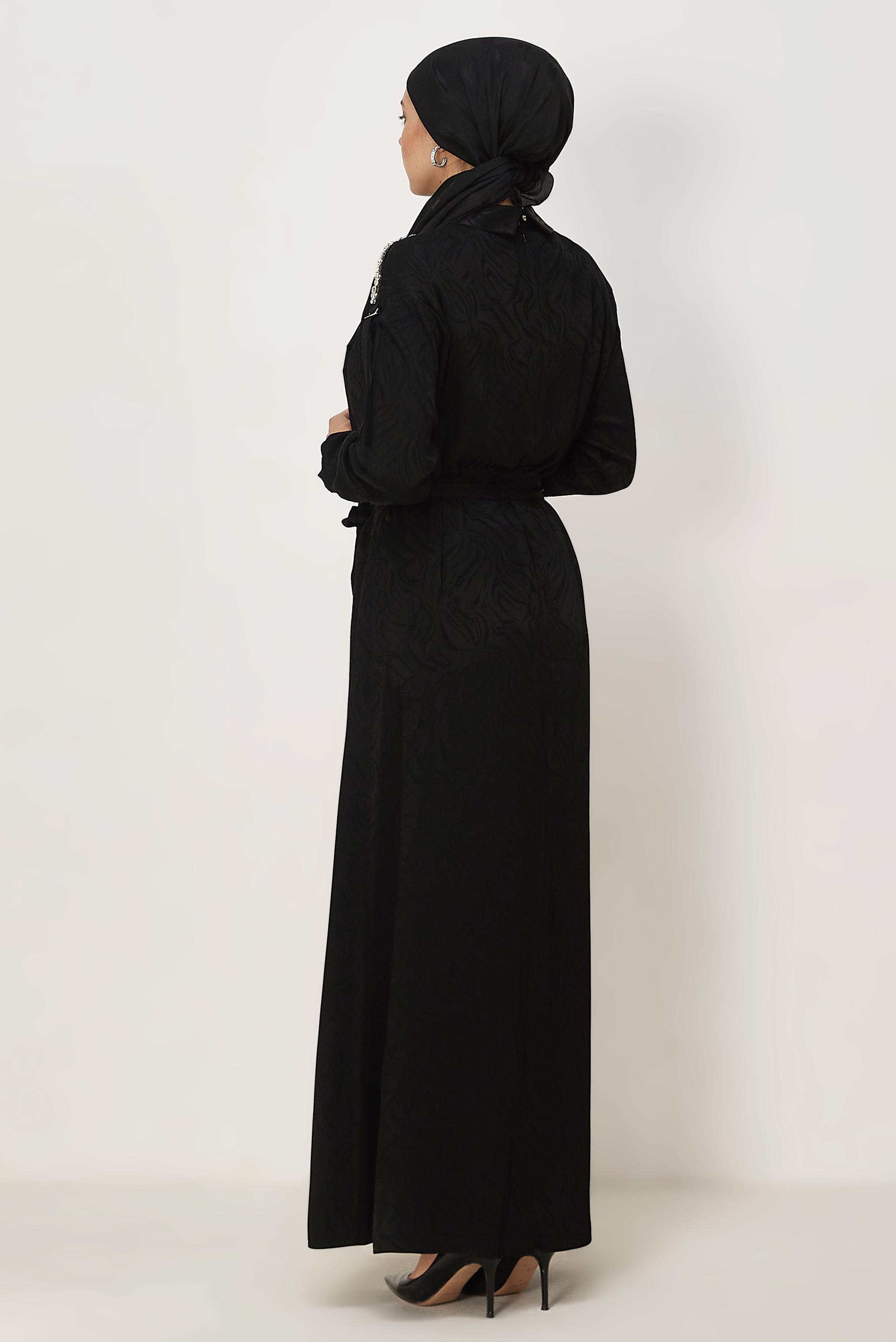 Hijab clothing BLACK BELTED SHIRT COLLAR DRESS 46621
