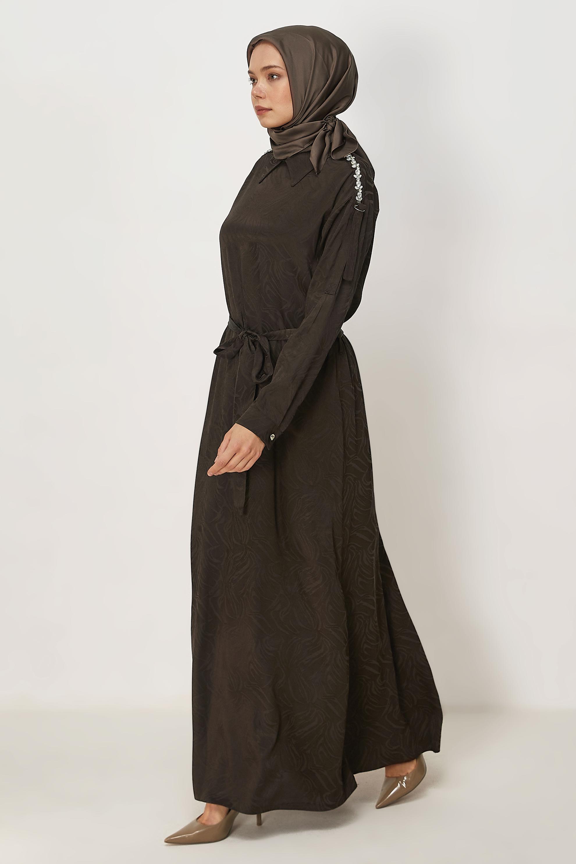 Hijab clothing BROWN BELTED SHIRT COLLAR DRESS 46621