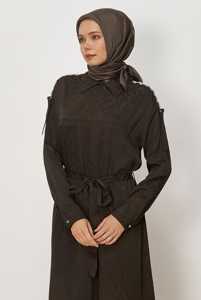 Hijab clothing BROWN BELTED SHIRT COLLAR DRESS 46621 - ALVİNA