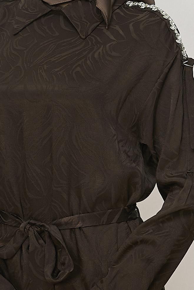 Hijab clothing BROWN BELTED SHIRT COLLAR DRESS 46621 - ALVİNA