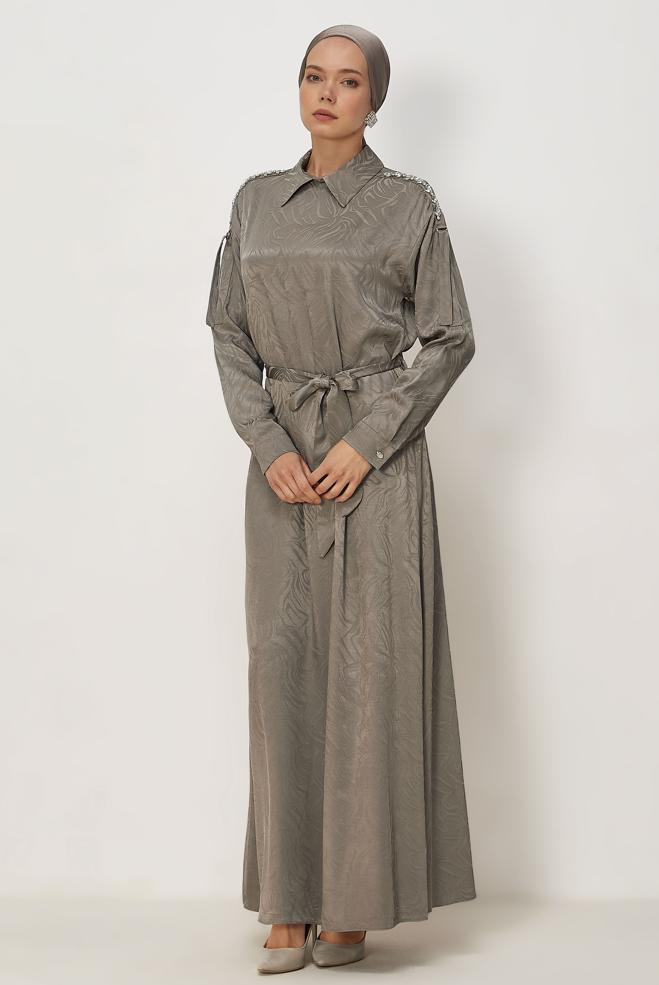 Hijab clothing MINK BELTED SHIRT COLLAR DRESS 46621 - ALVİNA