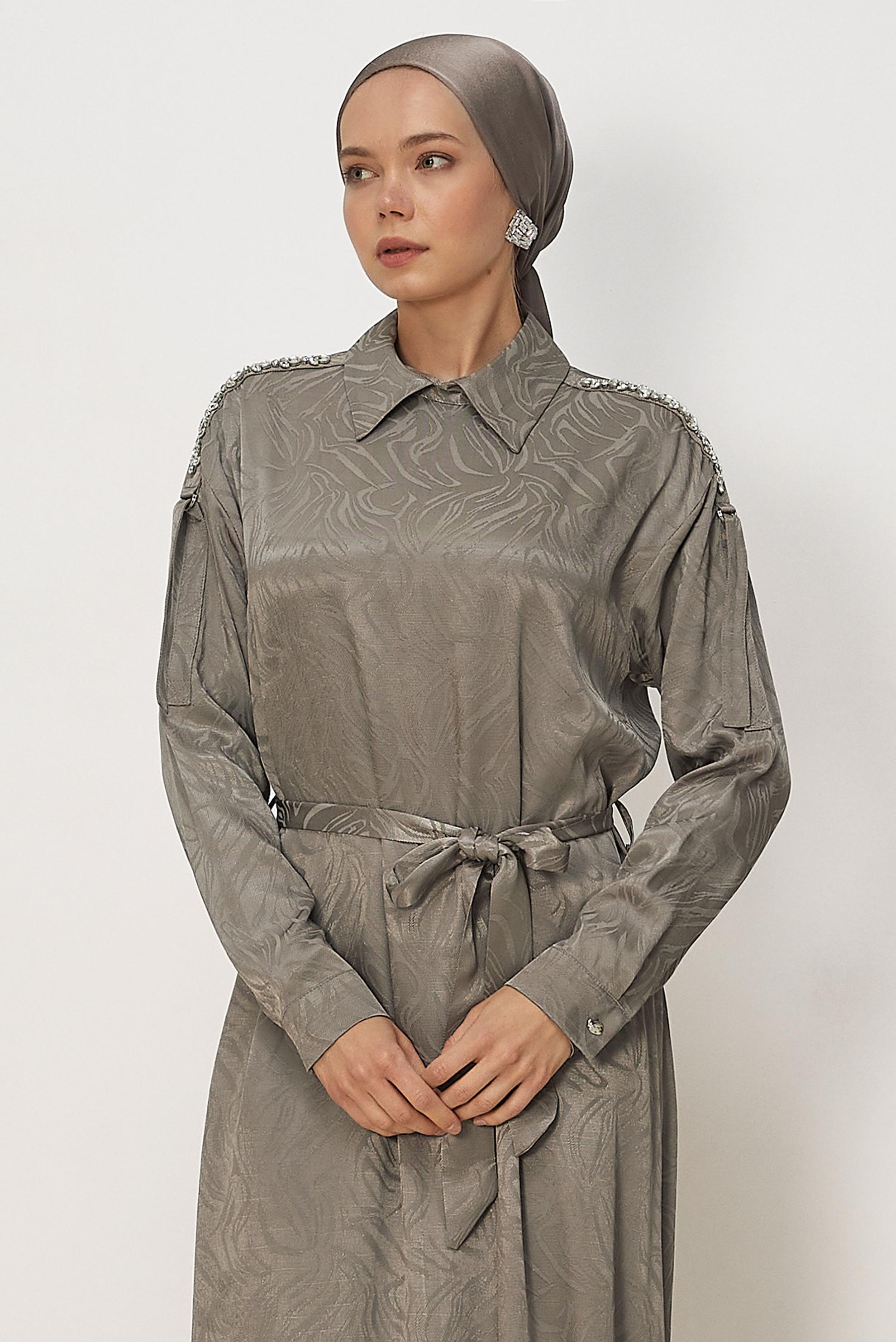 Hijab clothing MINK BELTED SHIRT COLLAR DRESS 46621