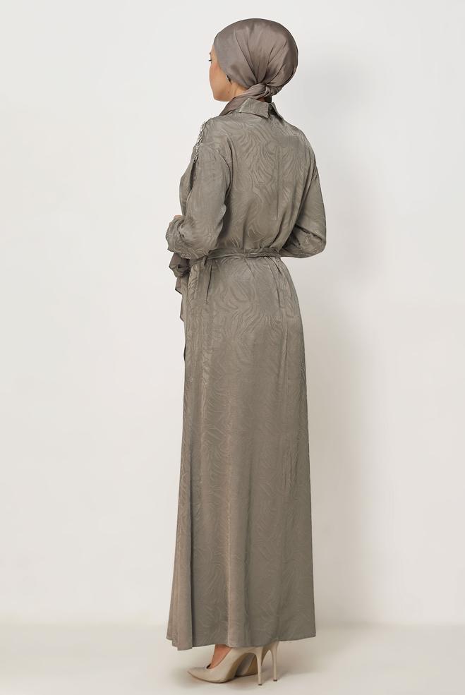 Hijab clothing MINK BELTED SHIRT COLLAR DRESS 46621 - ALVİNA