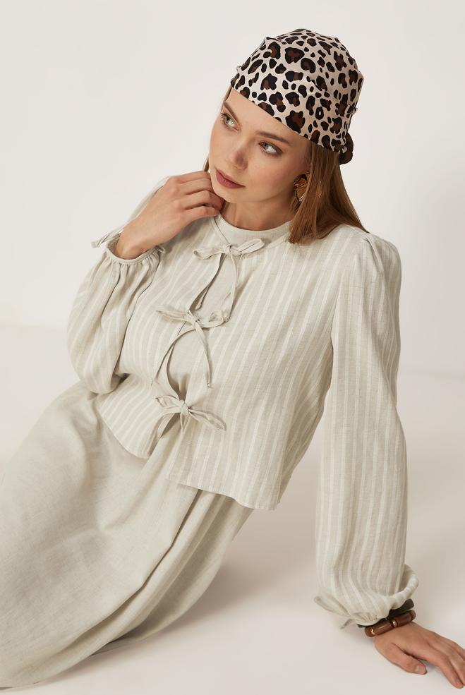 Vêtements hijab BEIGE ENSEMBLE ROBE NOUÉE 46622 - ALVİNA