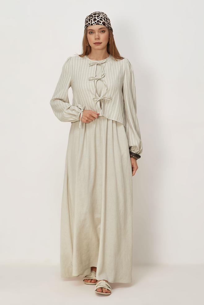 Vêtements hijab BEIGE ENSEMBLE ROBE NOUÉE 46622 - ALVİNA