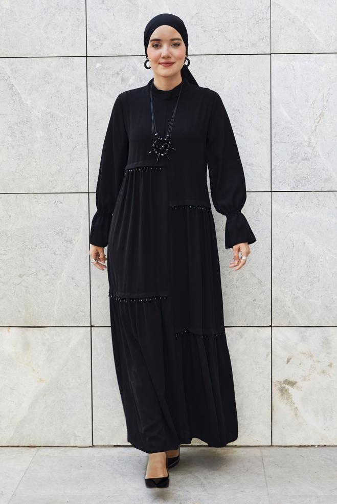 Tesettür giyim SİYAH BONCUK DETAYLI ELBİSE 46653 - ALVİNA
