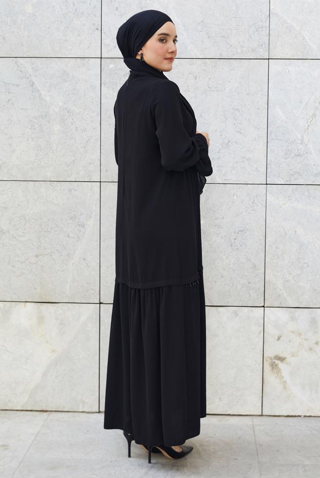 Tesettür giyim SİYAH BONCUK DETAYLI ELBİSE 46653 - ALVİNA