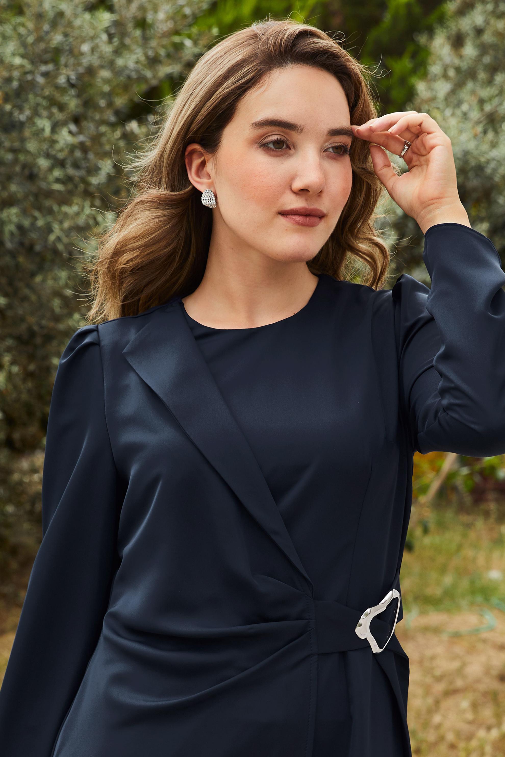 Tesettür giyim LACİVERT KEMER DETAYLI ELBİSE 46668