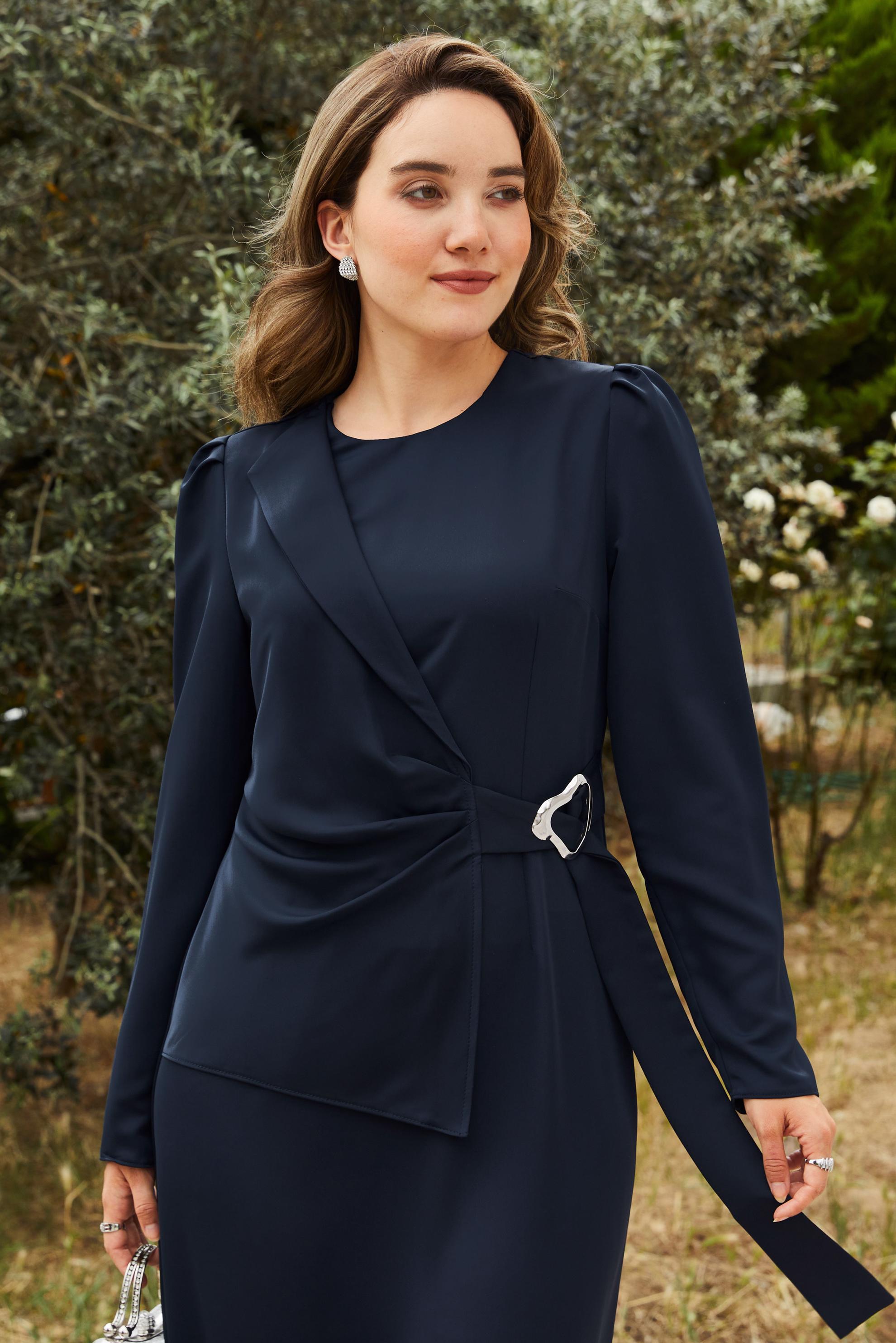 Tesettür giyim LACİVERT KEMER DETAYLI ELBİSE 46668