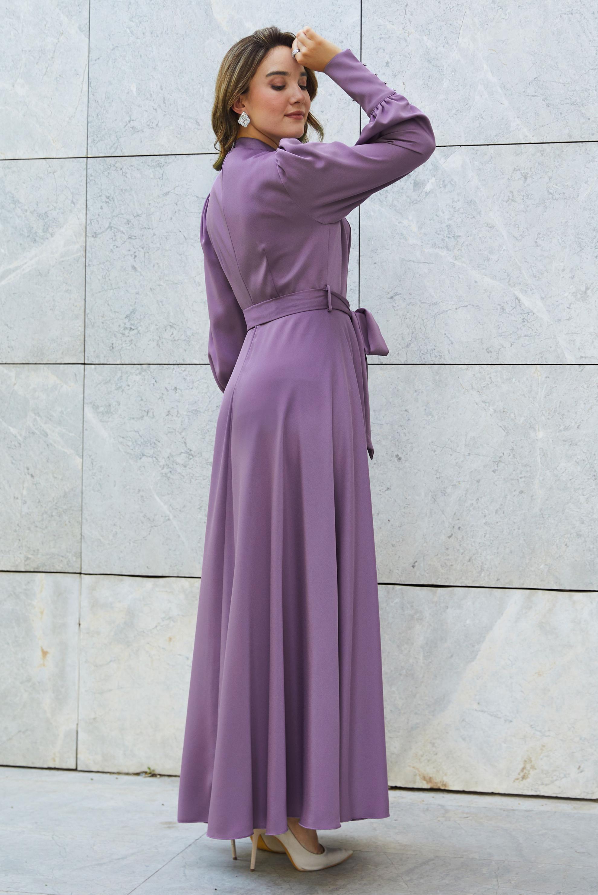 Tesettür giyim MOR 46679 SATEN CREP ELBİSE 38-46 TEK 40