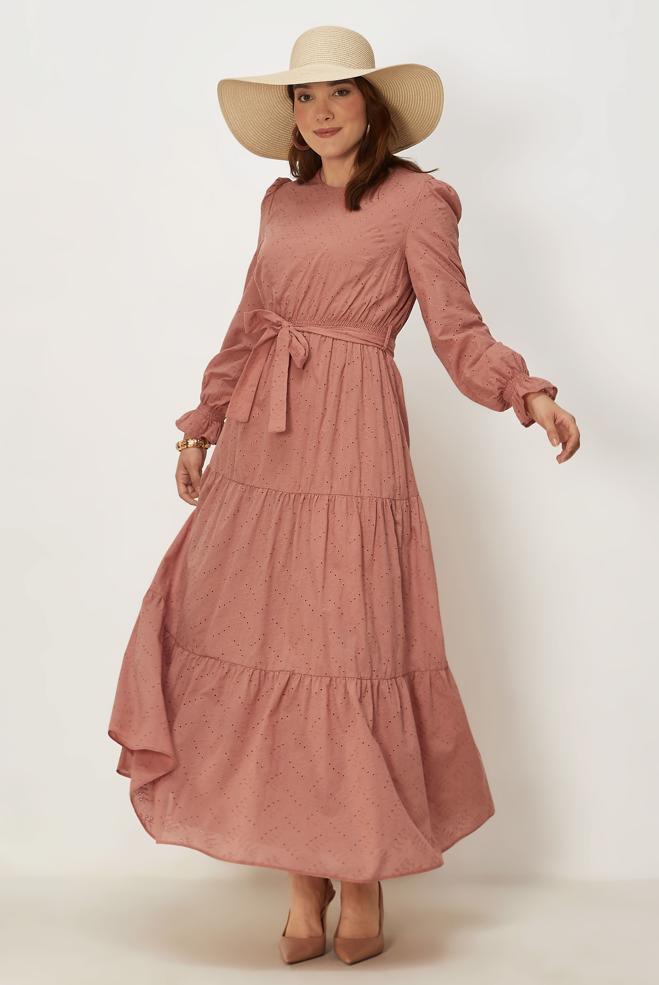 Tesettür giyim PEMBE 46685 BRODE 1012 ELBİSE 38-44 TEK42 ÇİFT40 - ALVİNA