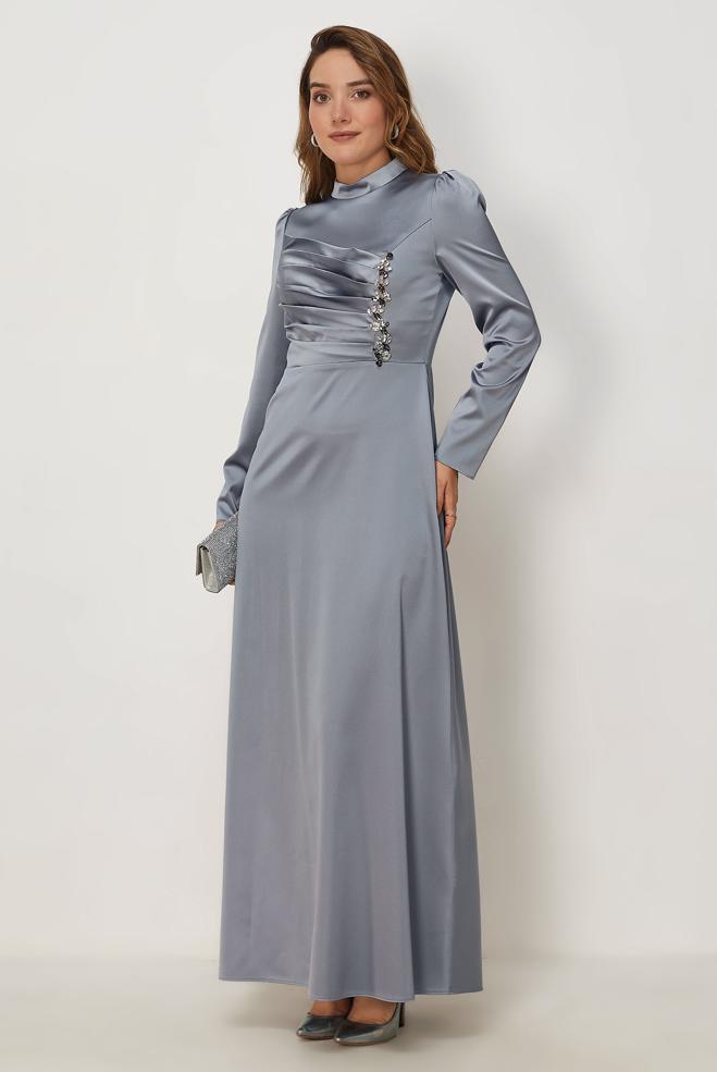 Tesettür giyim GRİ 46803 MELIN SATEN ELBİSE 38-46 TEK42 - ALVİNA